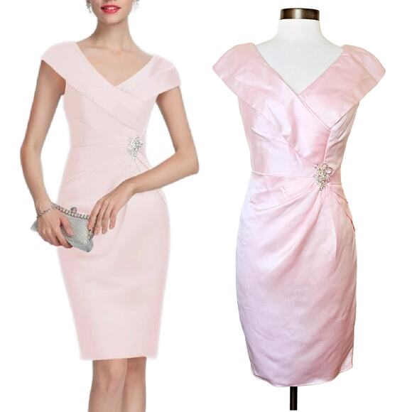 NWT JJ's House Pink Satin Cocktail Dress Size 10 V-neck Pleated w/ Brooch Retro - Picture 1 of 12
